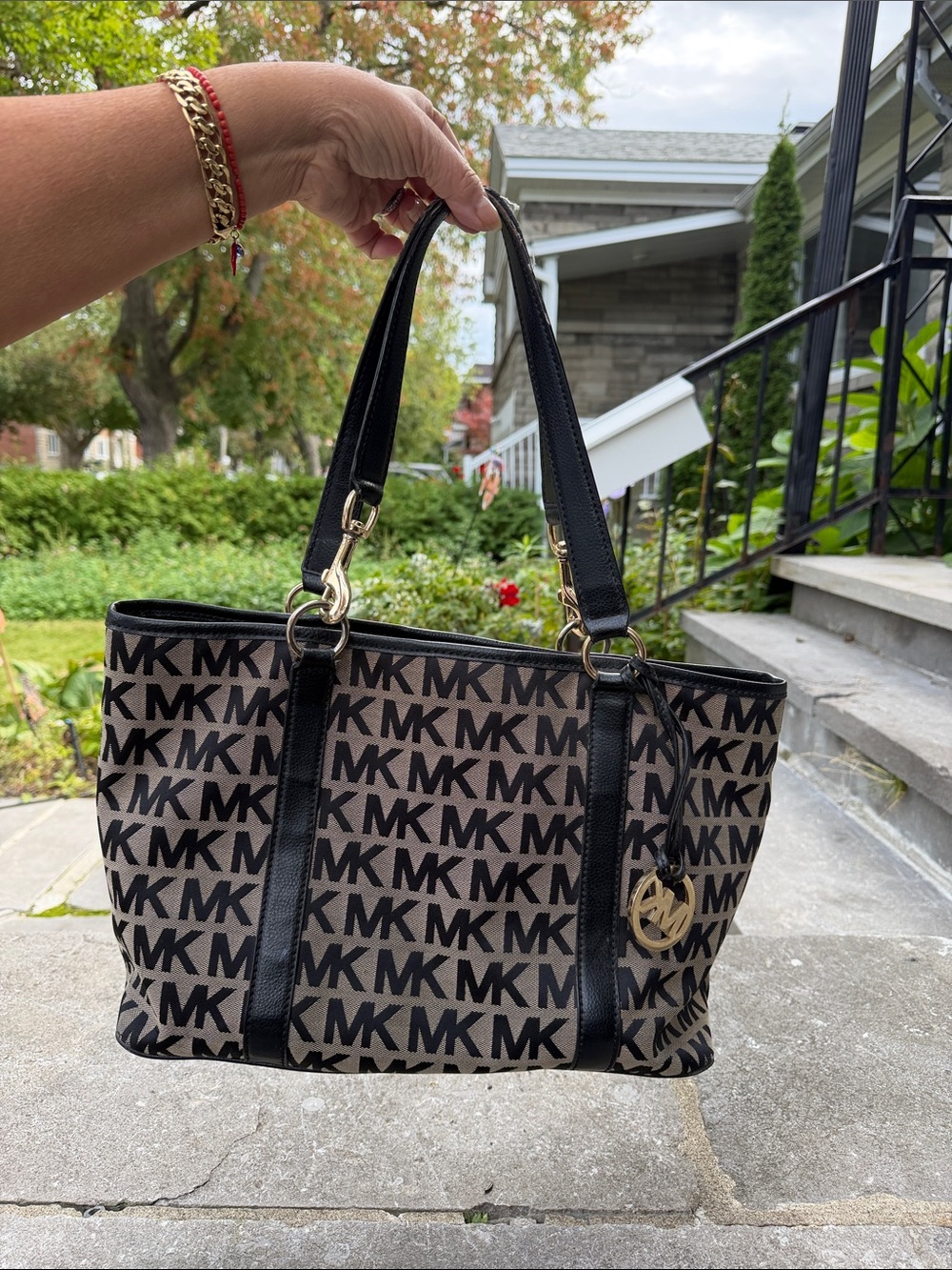 Michael Kors Black and Brown MK Logo Tote with Gold Charm
